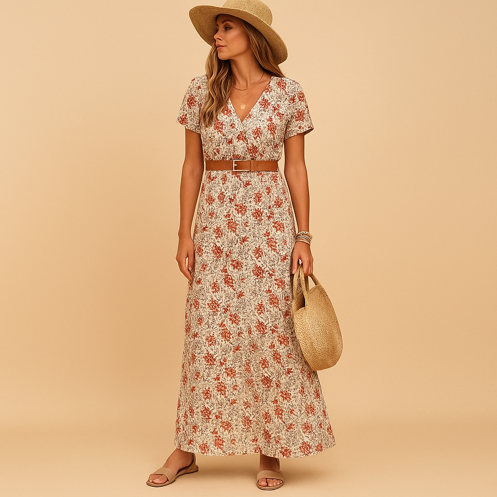 Women’s maxi dress with V-neck, elastic waist, and belt, perfect for work, vacations, parties, and everyday elegant wear