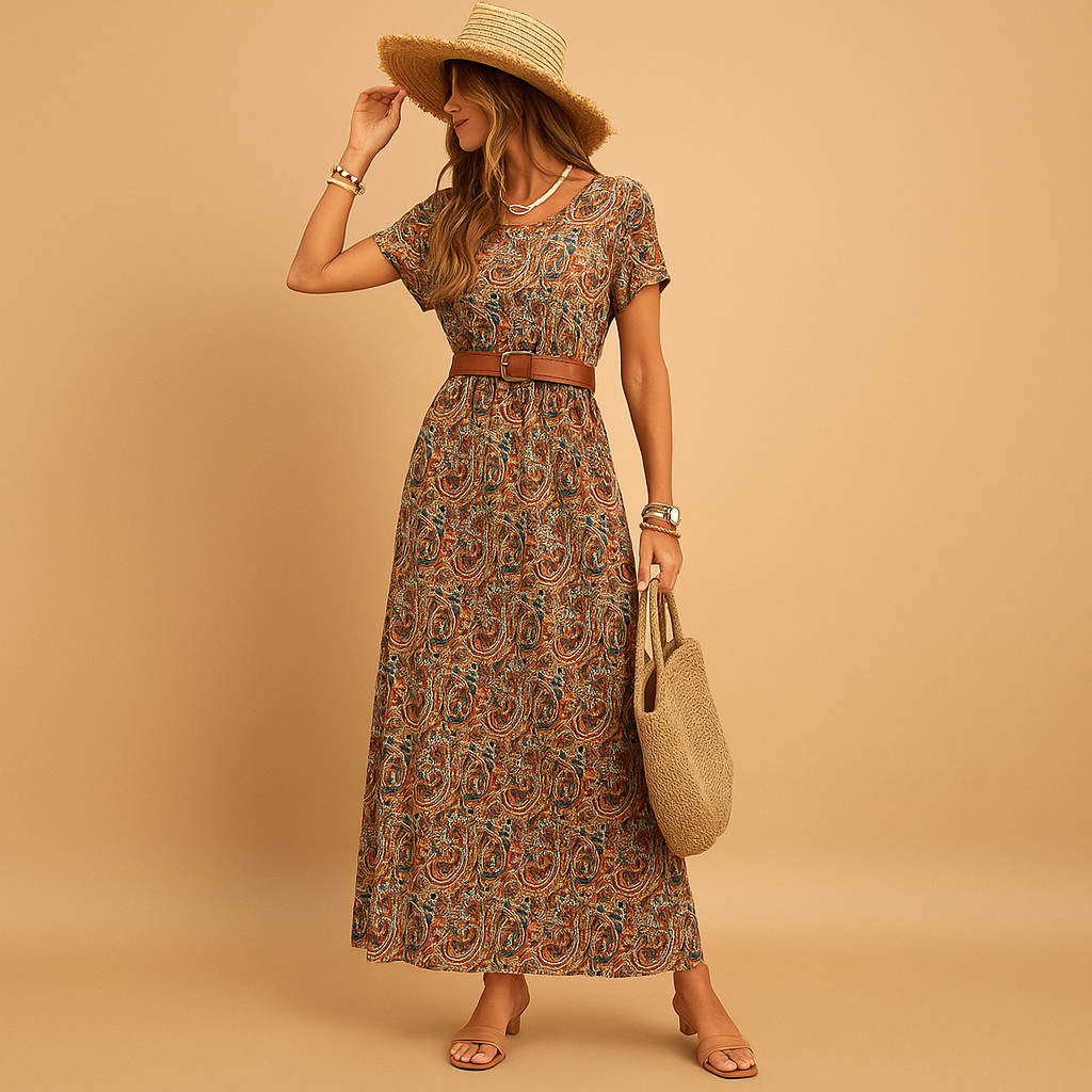 Women’s maxi dress with V-neck, elastic waist, and belt, perfect for work, vacations, parties, and everyday elegant wear