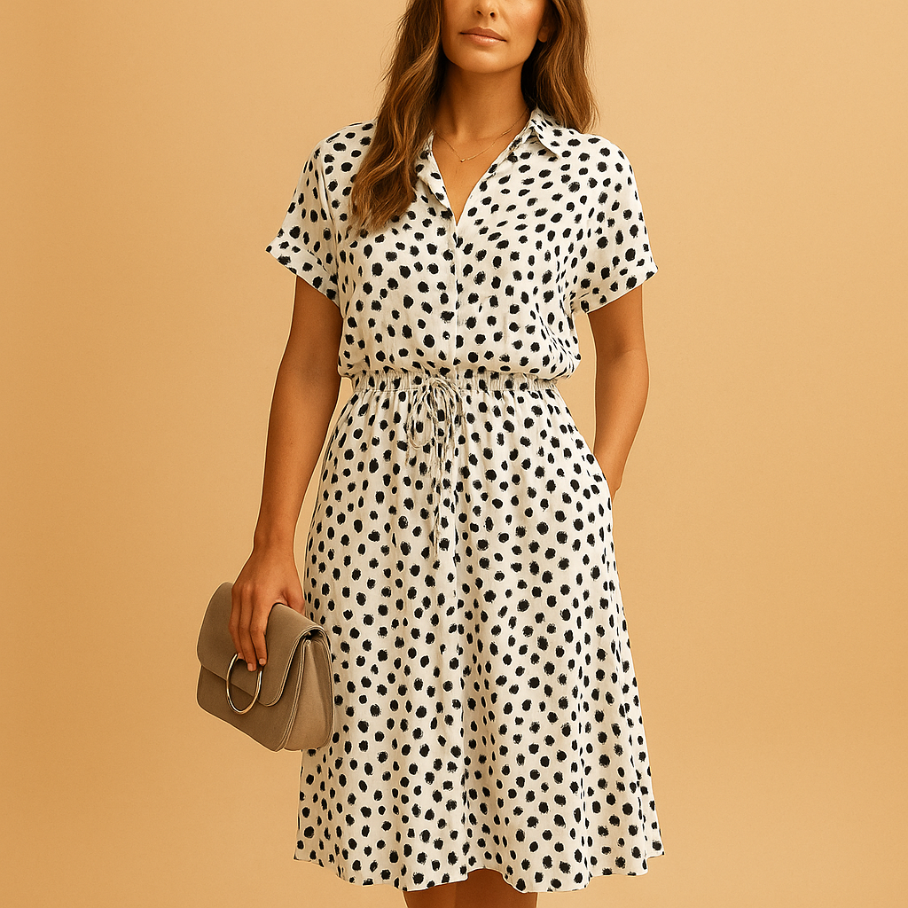 Women’s midi A-line dress with V-neck and breathable fit, perfect for casual outings and elegant occasions.