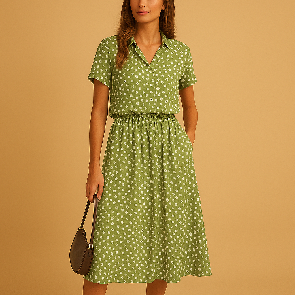 Women’s midi A-line dress with V-neck and breathable fit, perfect for casual outings and elegant occasions.