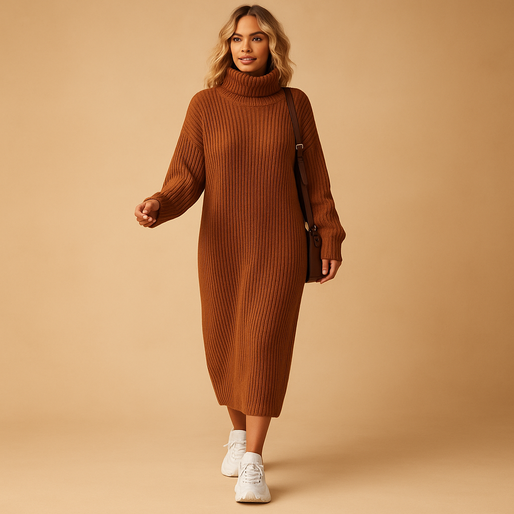 Oversized knitted sweater dress for women with soft fabric and relaxed fit, perfect for cozy autumn and winter outfits.