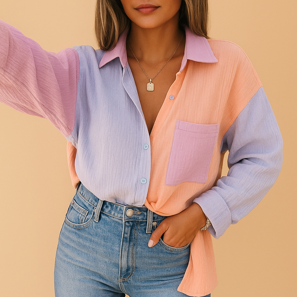 Women’s patchwork blouse with an airy fit and vibrant colors, suitable for casual wear and semi-formal occasions.