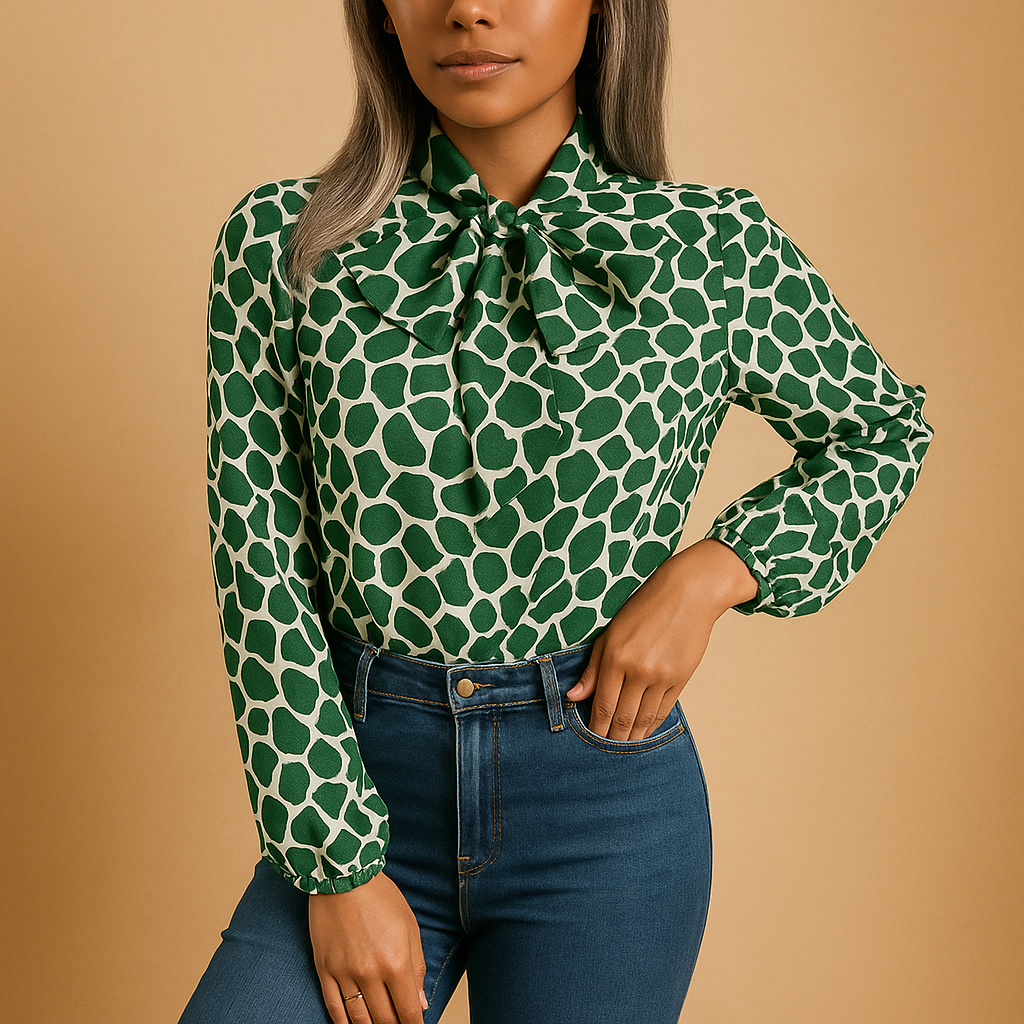 Polka dot blouse for women with a bow detail, regular fit, and elastic cuffs, suitable for work outfits and everyday wear.