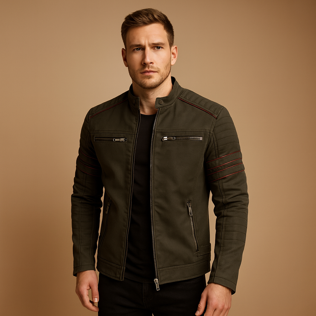 Men’s premium biker jacket with structured fit and weather-resistant finish, suitable for motorcycle rides, casual evenings, and everyday wear.