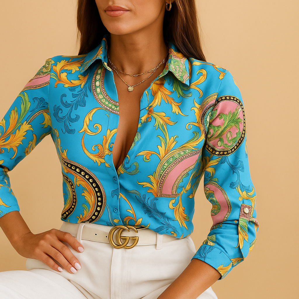 Printed wrap neck blouse for women with a loose fit and bold pattern, suitable for work outfits, casual wear, and evening looks.