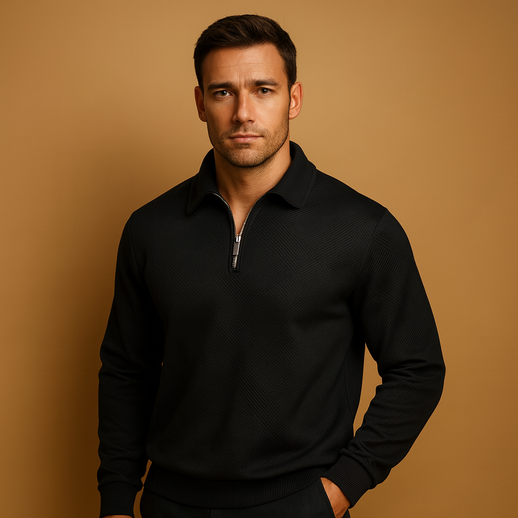 Quarter zip polo sweater for men with a geometric pattern and comfortable fit, ideal for casual and polished looks in autumn and winter.