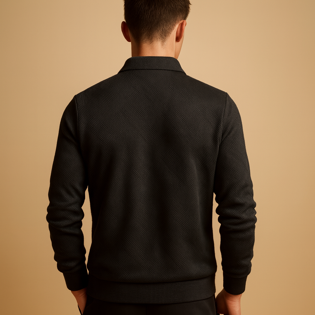 Quarter zip polo sweater for men with a geometric pattern and comfortable fit, ideal for casual and polished looks in autumn and winter.