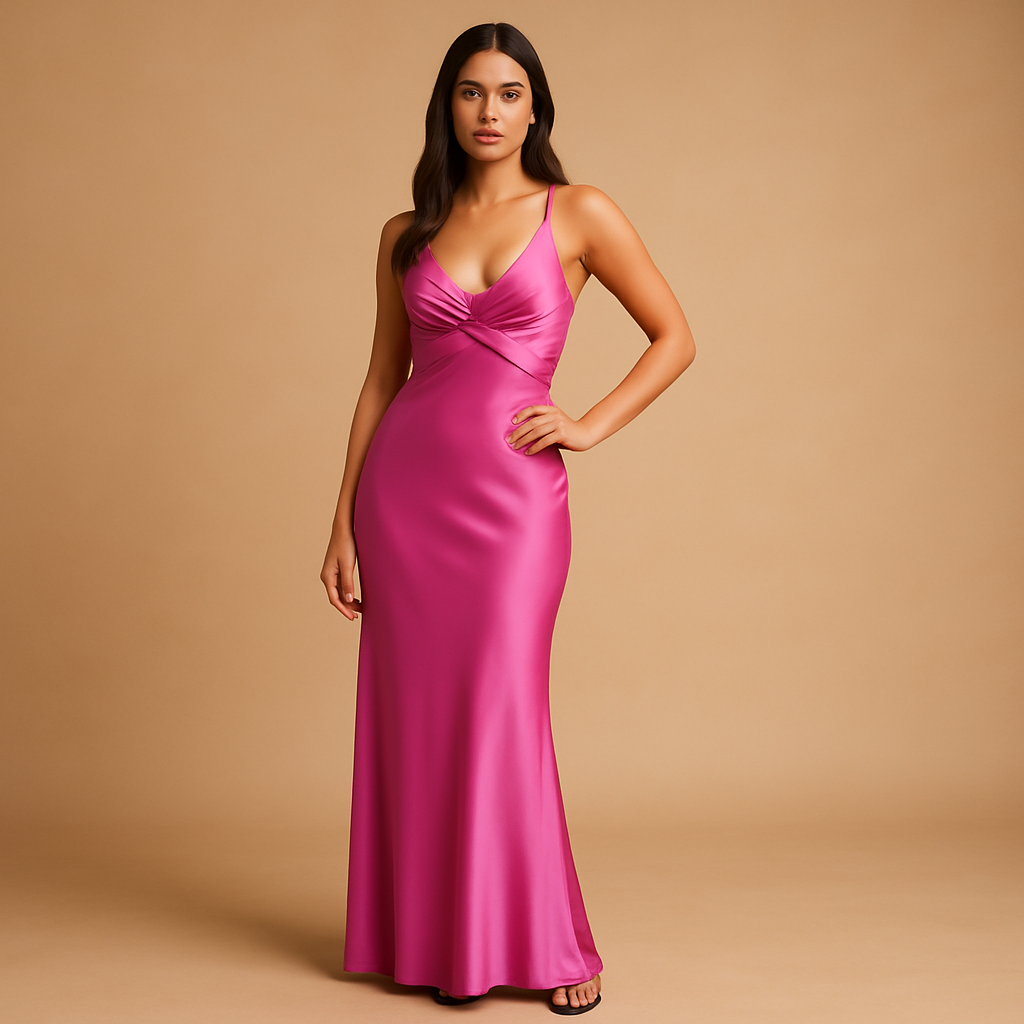 Women’s satin halter neck evening dress with a fitted silhouette, perfect for weddings, formal events, and elegant evening occasions.