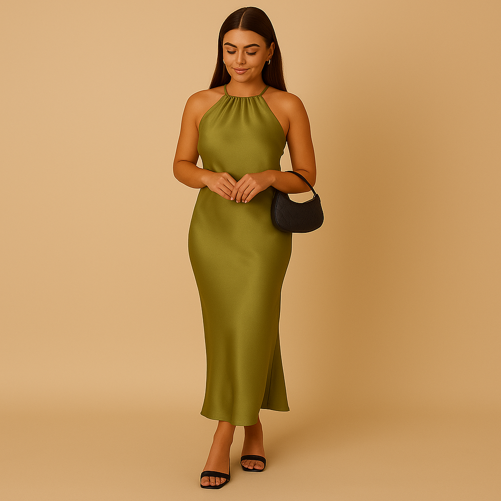 Women’s satin wrap long sleeve dress in green with an elegant fit, perfect for weddings, parties, and special occasions.