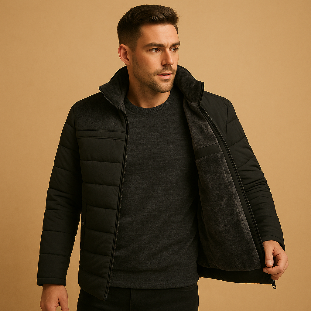 Men’s stylish fleece jacket with a soft lining, high collar, and zip pockets, suitable for everyday wear, travel, and outdoor activities.