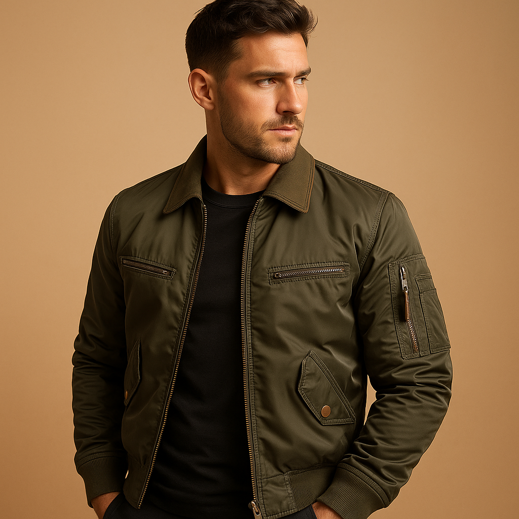 Men’s stylish bomber jacket with water-repellent design, light padding, zip closure, and practical pockets, suitable for casual and semi-formal outfits.