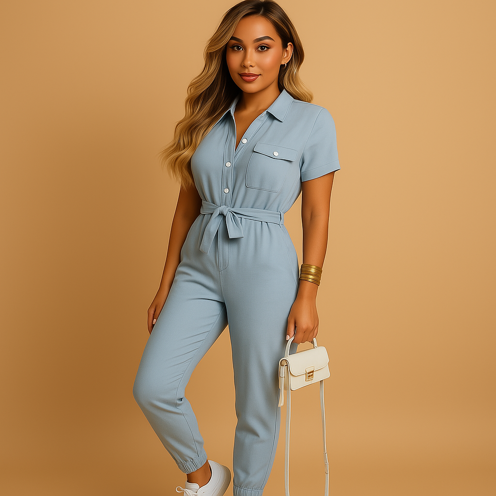 Tailored elegant jumpsuit for women with button closure and flattering fit, perfect for work, social events, and elegant evenings.