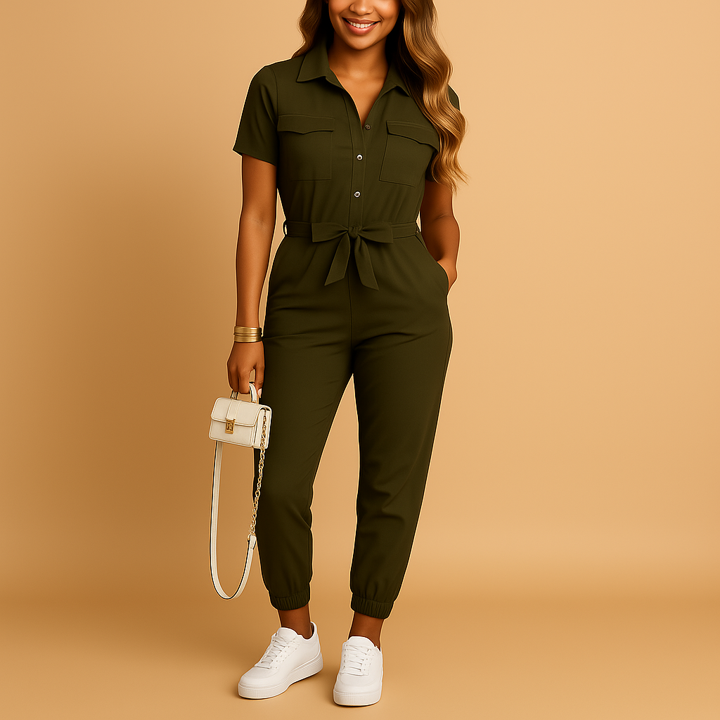Tailored elegant jumpsuit for women with button closure and flattering fit, perfect for work, social events, and elegant evenings.