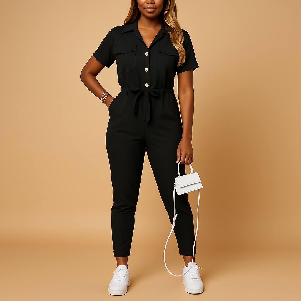 Tailored elegant jumpsuit for women with button closure and flattering fit, perfect for work, social events, and elegant evenings.