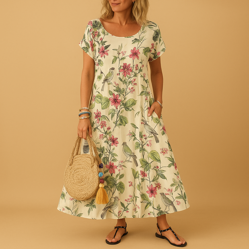 Women’s vintage floral dress with a loose fit, boat neck, and short sleeves, perfect for summer days, beach trips, and casual outings.