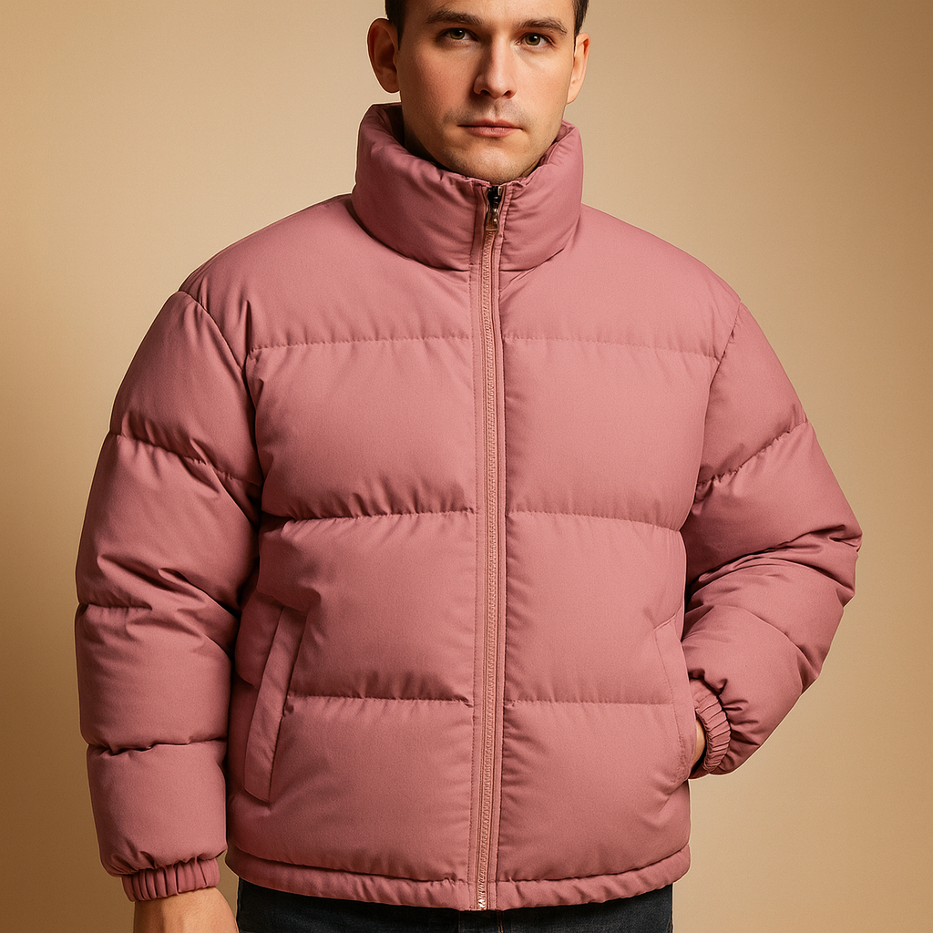Men’s warm winter jacket with high collar and premium insulation, designed for daily outings and cold winter weather.