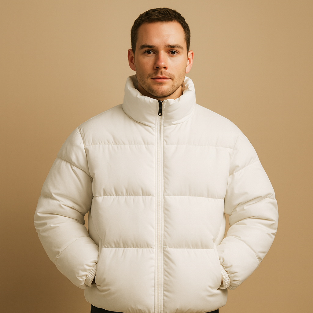 Men’s warm winter jacket with high collar and premium insulation, designed for daily outings and cold winter weather.