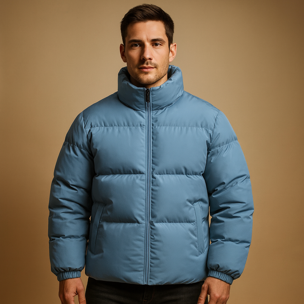 Men’s warm winter jacket with high collar and premium insulation, designed for daily outings and cold winter weather.