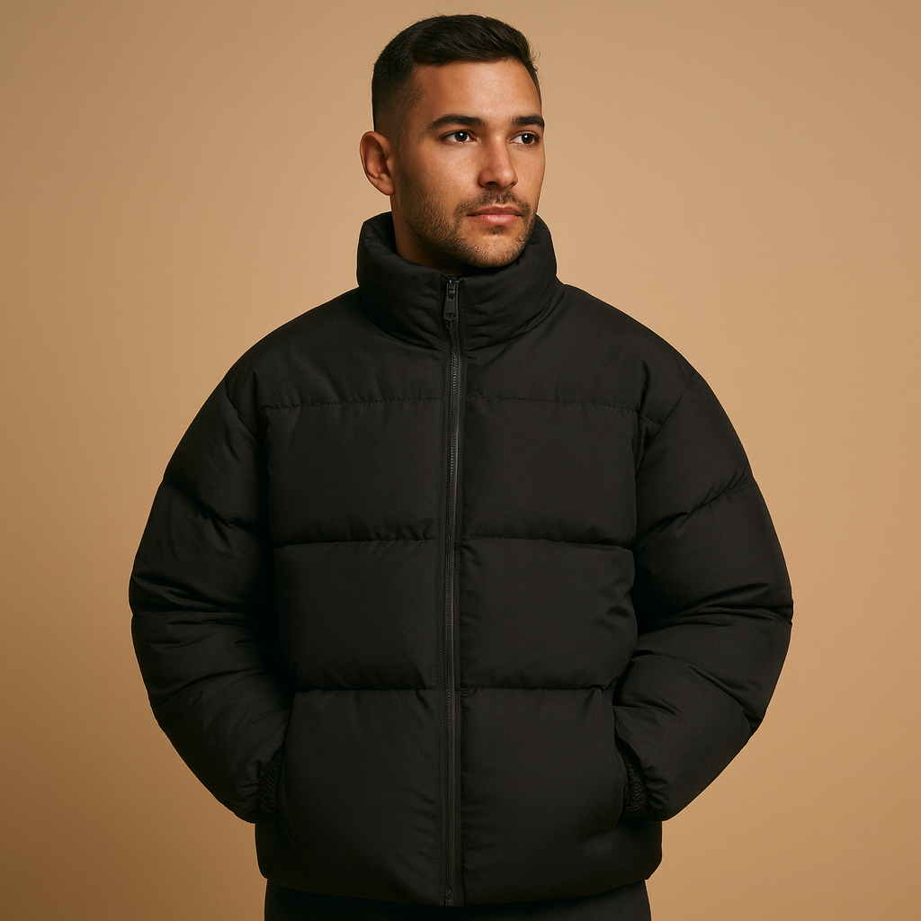 Men’s warm winter jacket with high collar and premium insulation, designed for daily outings and cold winter weather.