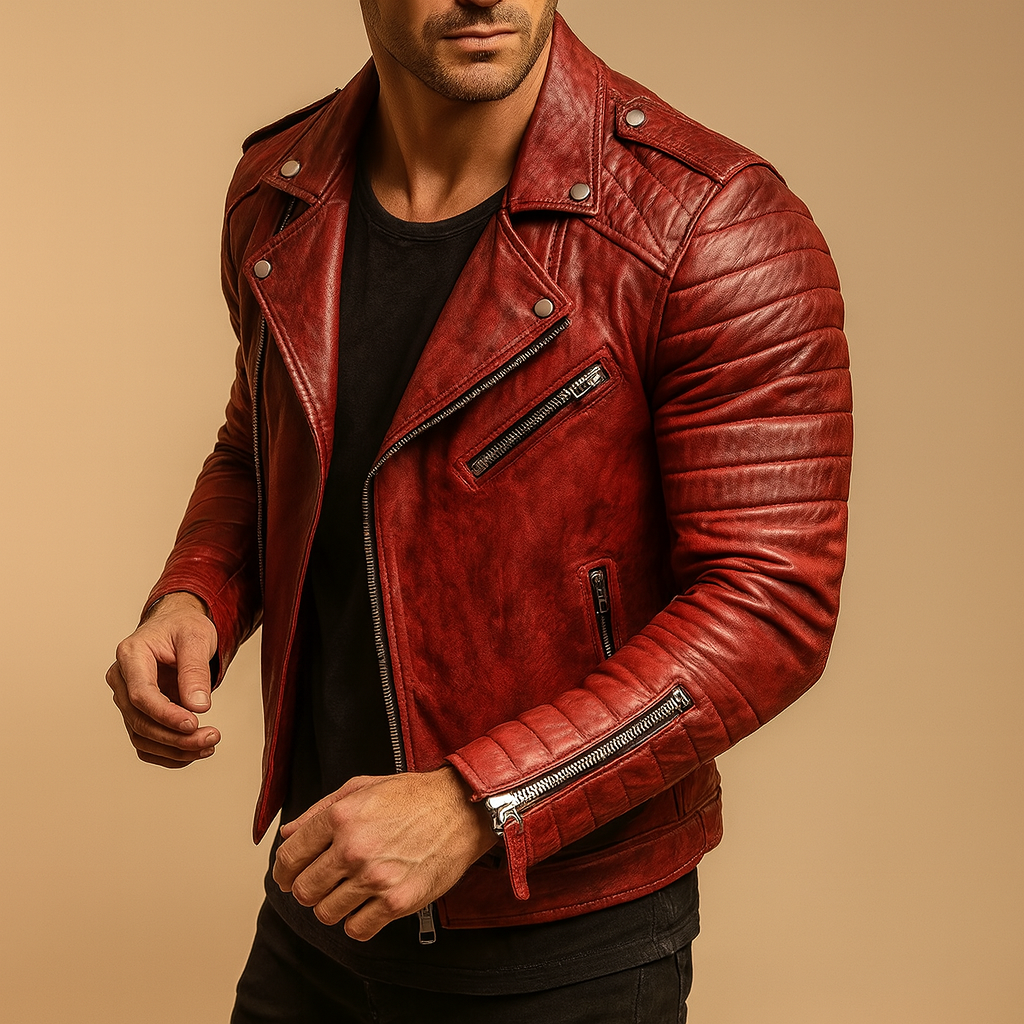 Men’s waterproof biker jacket with wind-resistant design and soft inner lining, suitable for autumn, winter, and rainy weather wear.