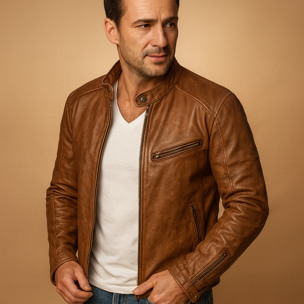 Men’s waterproof biker jacket with zip closure and slim fit, suitable for daily wear, commuting, and rainy autumn or winter days.