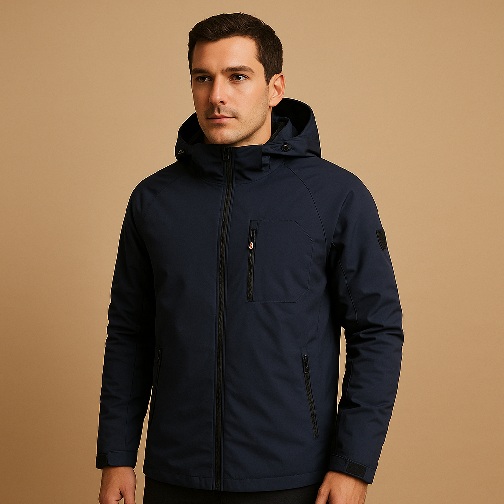 Men’s waterproof and breathable windbreaker with a lightweight design and zip pockets, suitable for outdoor activities, sports, and everyday wear.
