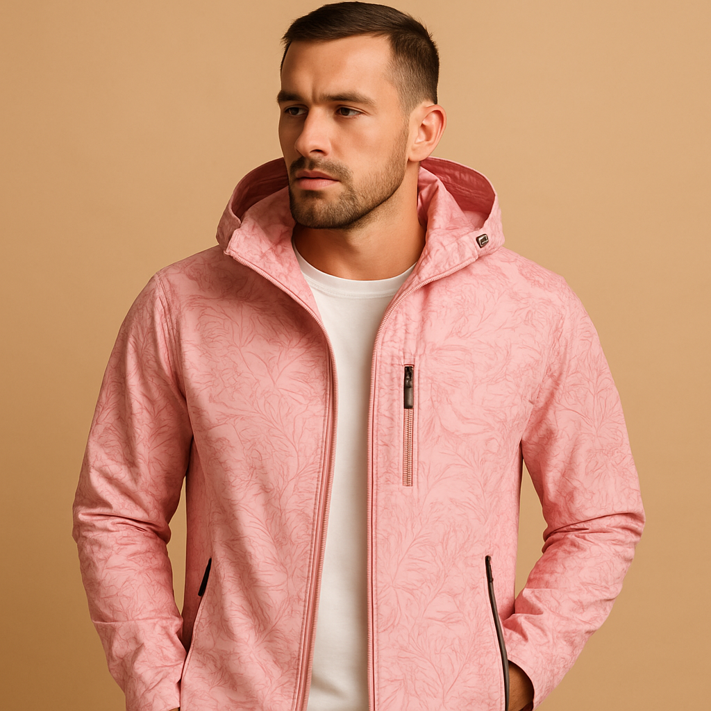 Men’s waterproof outdoor jacket with a breathable design, adjustable hood, zip pockets, and a subtle leaf pattern for daily wear and outdoor use.
