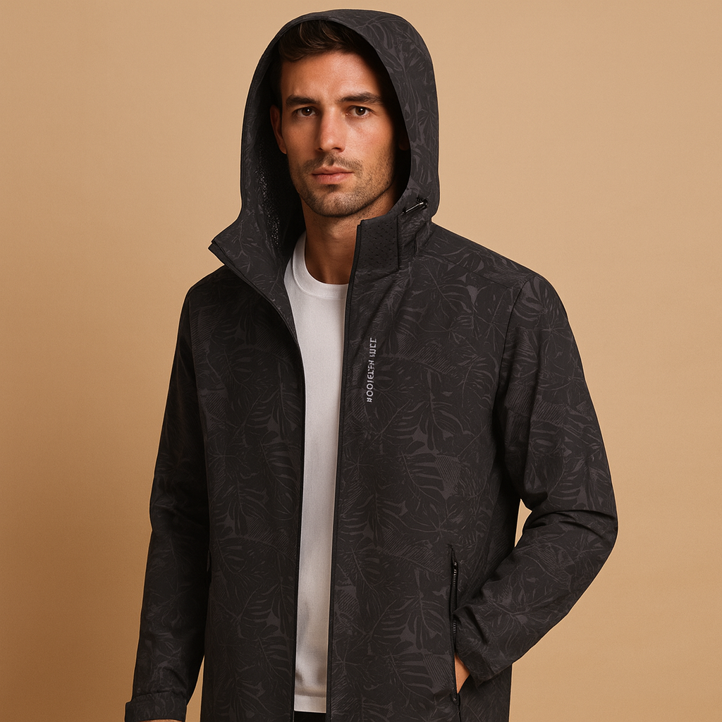 Men’s waterproof outdoor jacket with a breathable design, adjustable hood, zip pockets, and a subtle leaf pattern for daily wear and outdoor use.