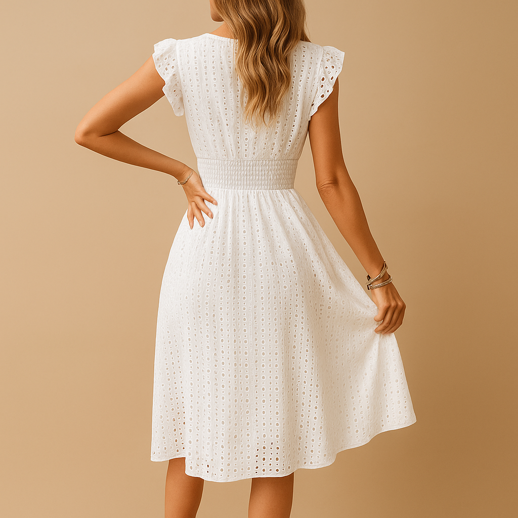 Women’s white midi summer dress with ruffle details and sleeveless design, perfect for holidays, summer walks, and festive occasions