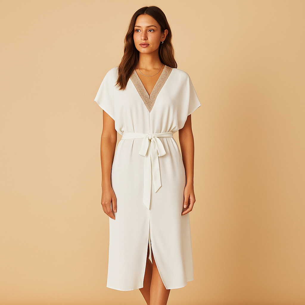 Women’s white v-neck midi dress with a loose silhouette and flowing design, perfect for brunch, dinners, and elegant occasions.