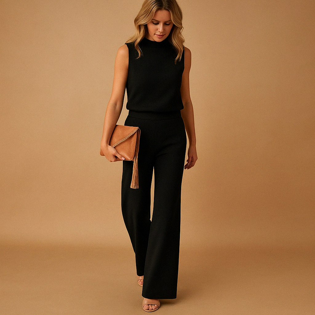 Wide leg elegant jumpsuit for women with round neckline and flattering mid-waist fit, perfect for work, formal occasions, or evenings out.