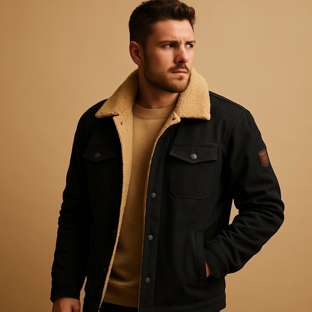 Men’s winter bomber jacket with ribbed cuffs and hem, insulating lining, and classic design, suitable for casual looks and winter outings.