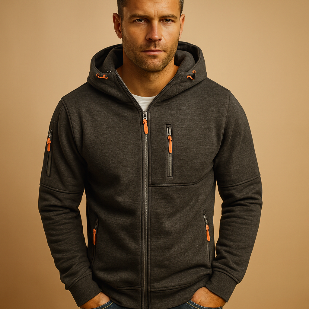 Breathable zipped hooded hoodie for men with adjustable hood, ideal for casual and sporty wear in autumn and winter.