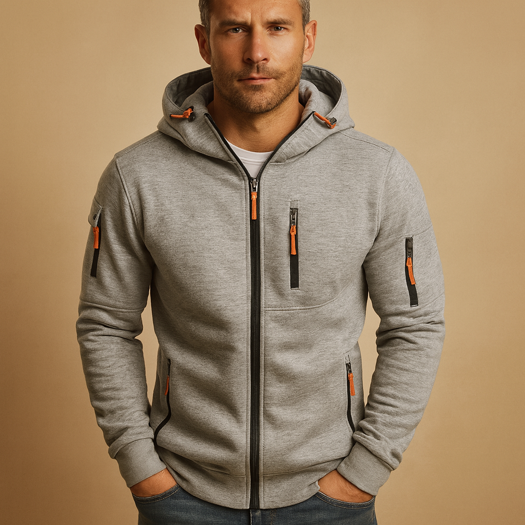 Breathable zipped hooded hoodie for men with adjustable hood, ideal for casual and sporty wear in autumn and winter.