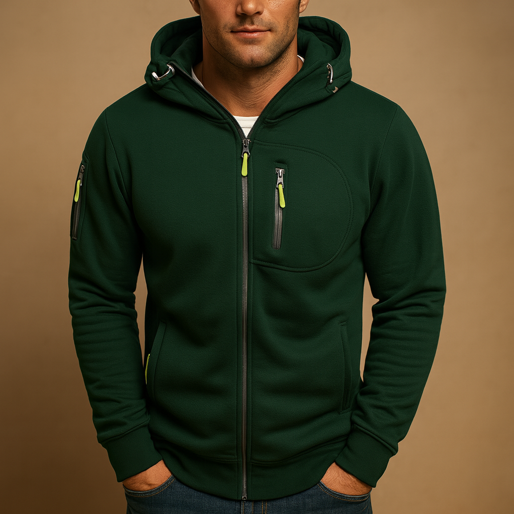 Breathable zipped hooded hoodie for men with adjustable hood, ideal for casual and sporty wear in autumn and winter.