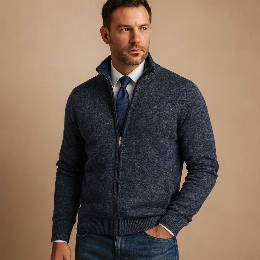Modern zipped knit jacket for men in a warm and comfortable fit, ideal for autumn and winter everyday wear.